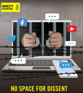 Image of hands on prison bars on a laptop screen, with social media images. Text: no space for dissent